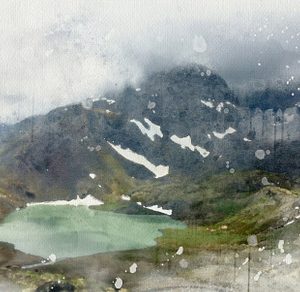 Watercolour painting of wild lake.